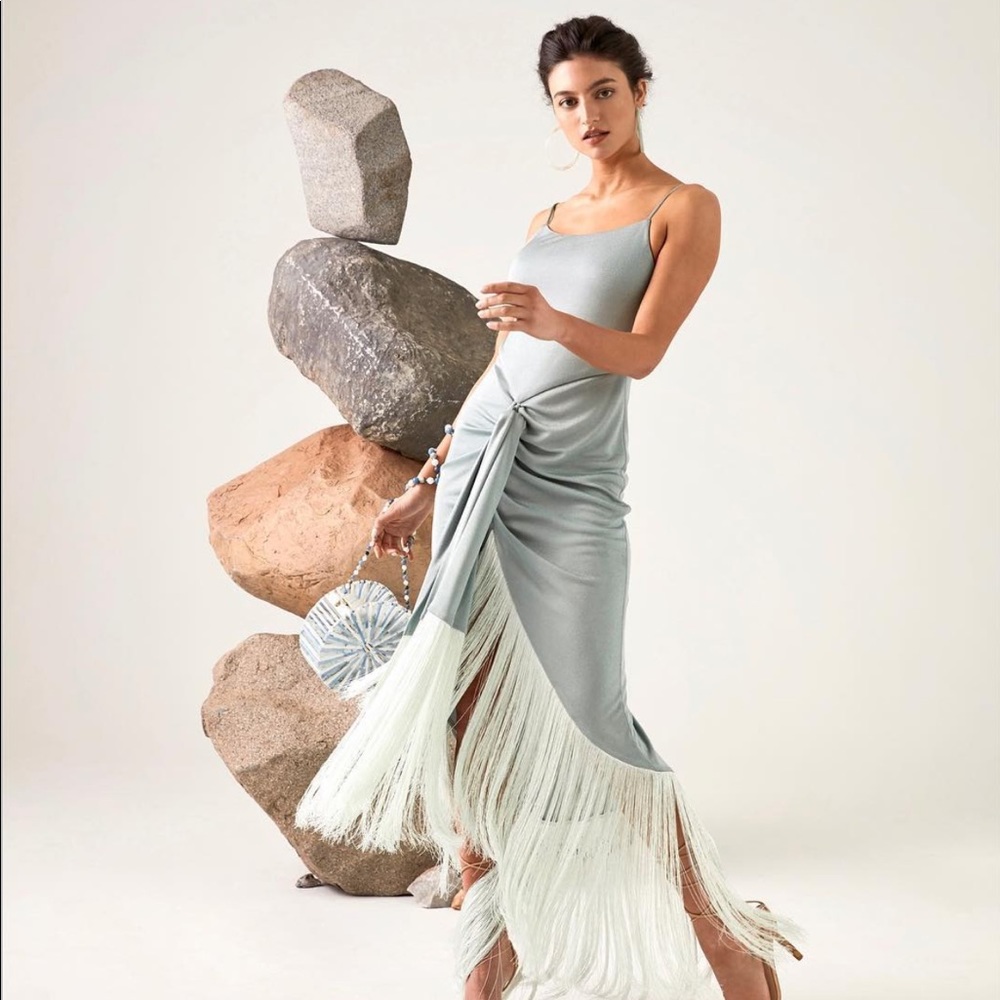 NWT Cult Gaia Natalia fringe gown sage green